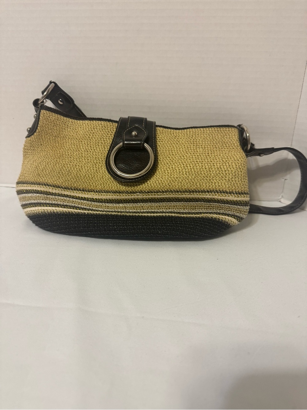 Tan and Black Woven Shoulder Bag with Ring Accent